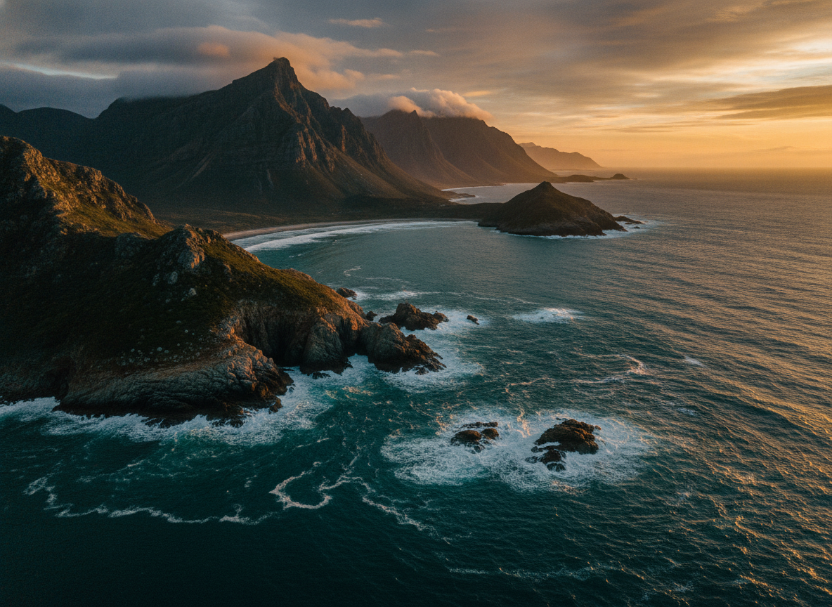 Photographie aerienne de cote sauvage au coucher du soleil prise par drone